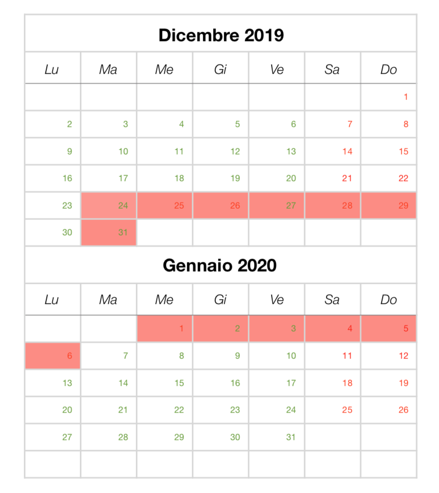 Calendario ferie invernali 2019