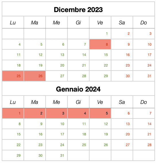 Calendario chiusure invernali 2023